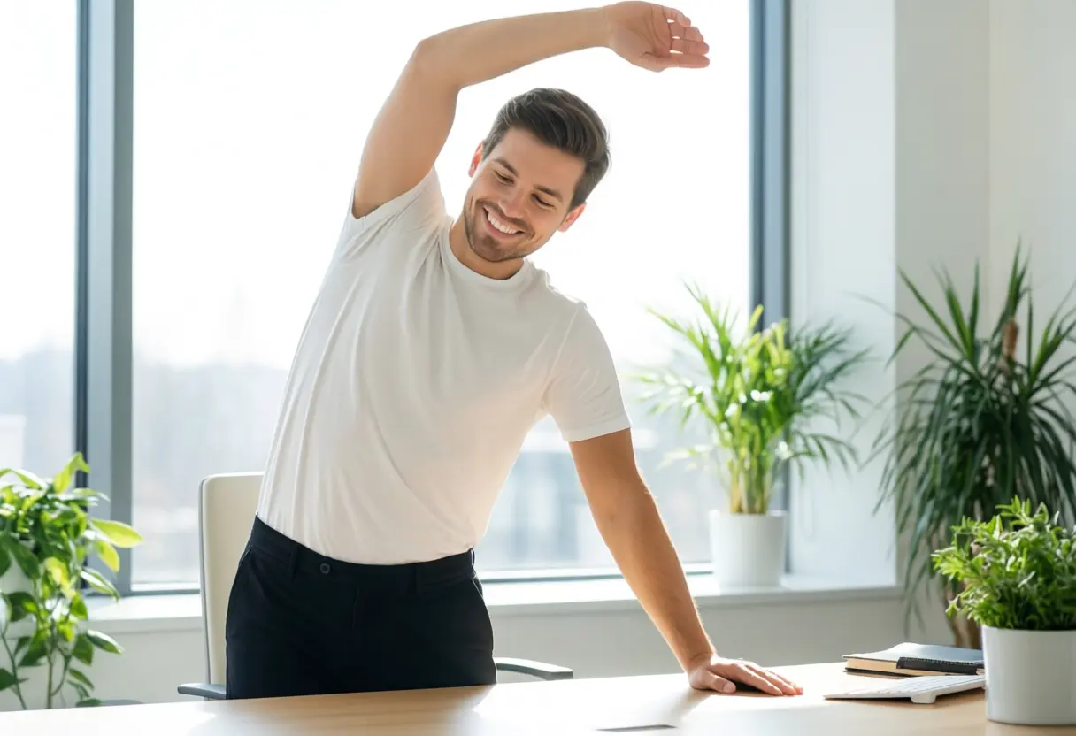 Mitarbeiter macht eine Ausgleichsübung im Büro – Corporate Health im Alltag